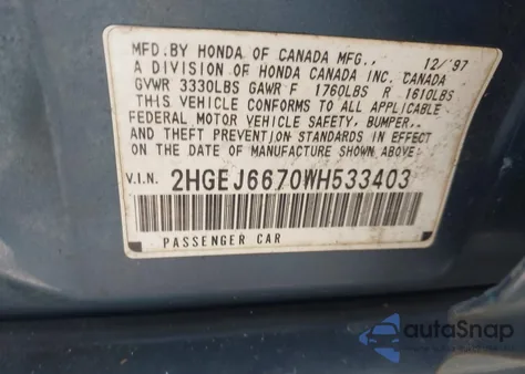 1998 Honda Civic Lx из США, поврежденный, VIN 2HGEJ6670WH533403